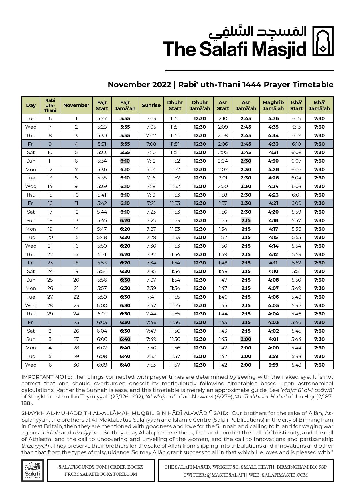 Rabi’ Uth-Thani 1444 | November 2022 Prayer Timetable – The Salafi Masjid