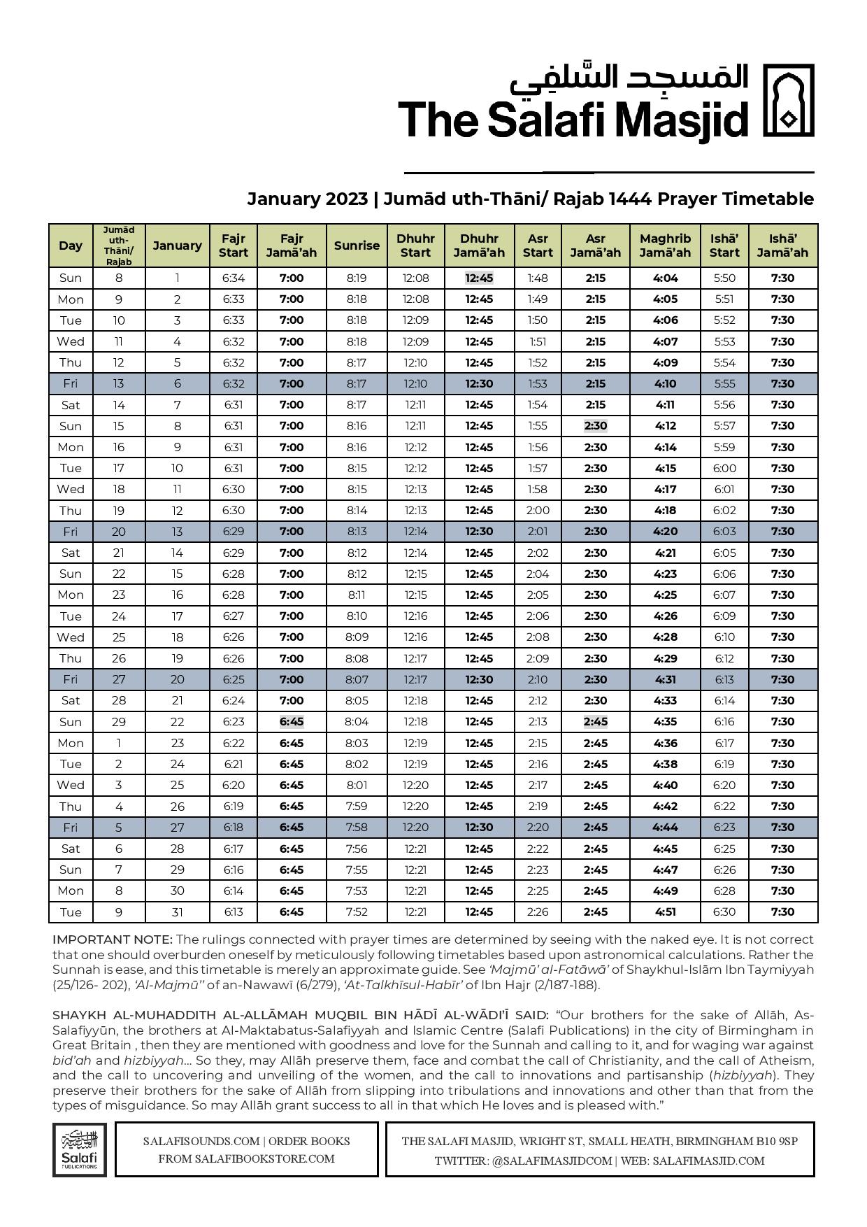 Jumad Uth-Thani/ Rajab 1444 | January 2023 Prayer Timetable – The ...