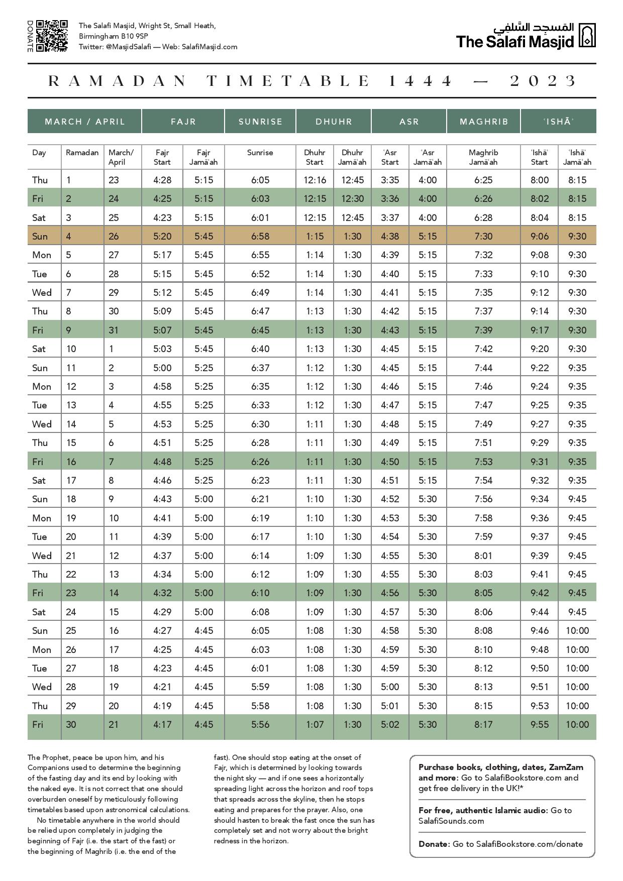 Ramadan 1444 Prayer Timetable – The Salafi Masjid