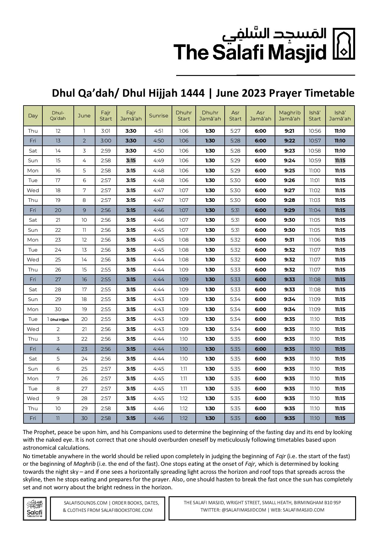 Dhul Qa’dah/ Dhul Hijjah 1444 | June 2023 Prayer Timetable – The Salafi ...